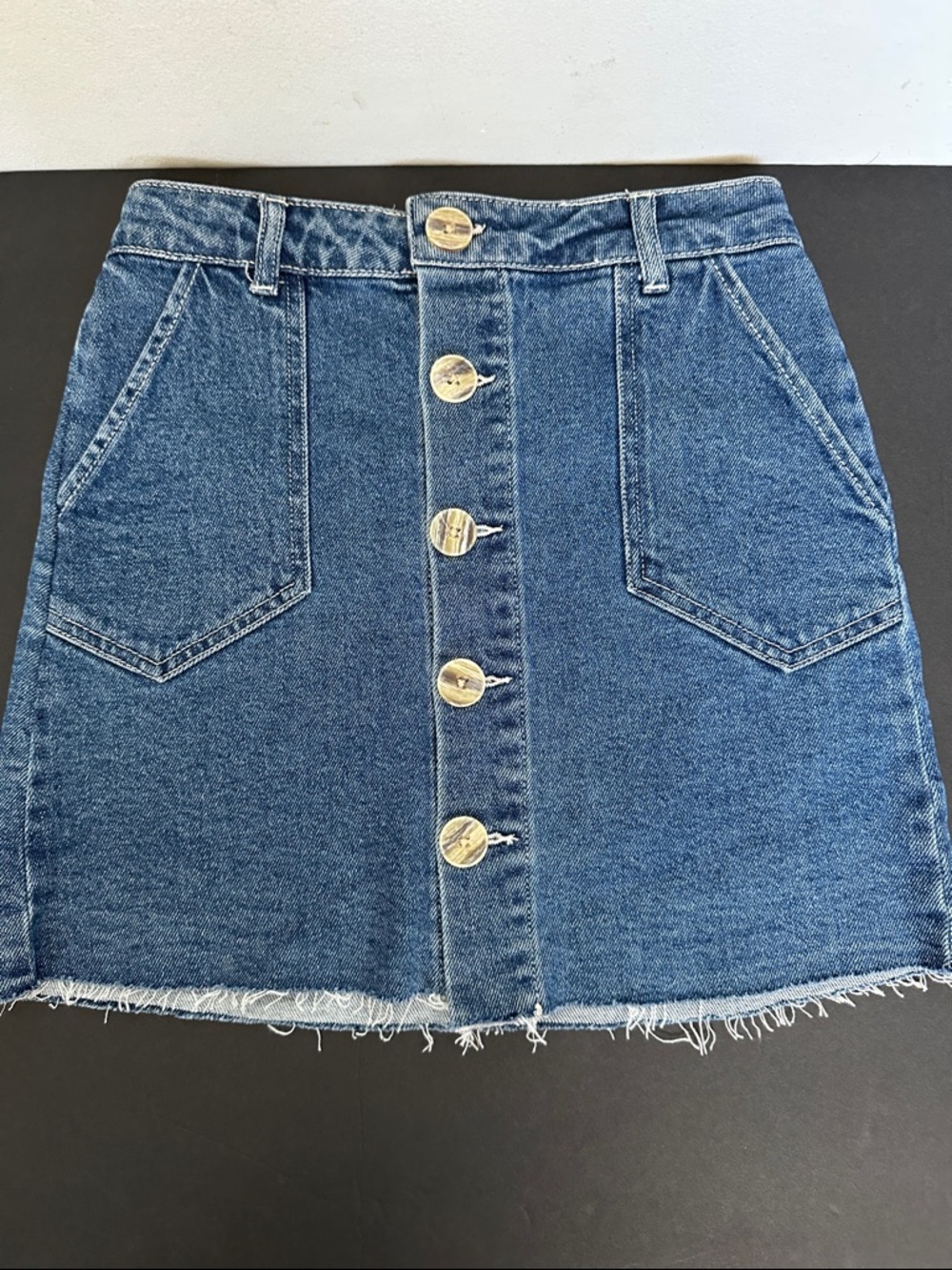 GB girls Blue Denim Button-Front Skirt with Frayed Hem with Pockets